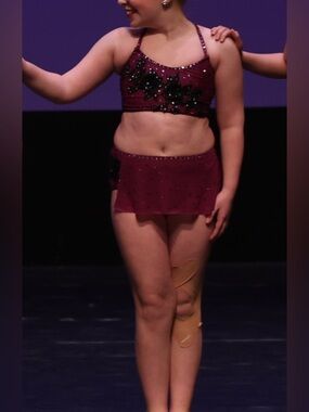Girls' Burgundy Two-Piece Dance Costume with Skirt